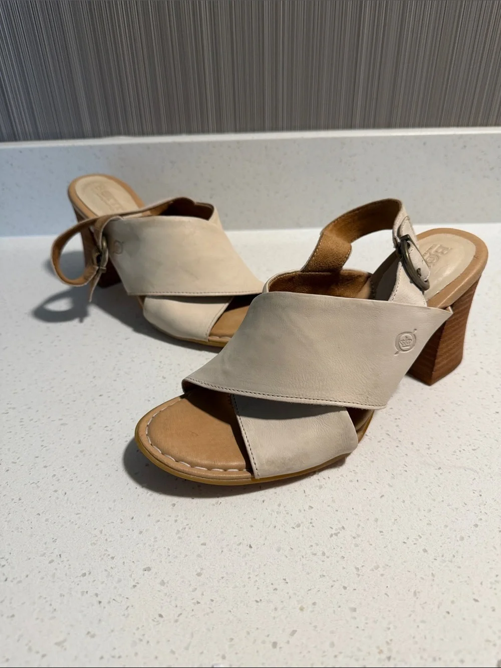Born Cream Crisscross Slingback Block Heel Sandals